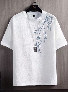 冰丝短袖t恤男士新中式印花大码男装夏季胖子冰丝速干白色体恤男