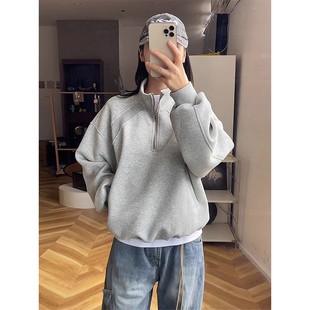 美式 解构半拉链卫衣男秋冬廓形重磅硬挺立领上衣cleanfit情侣外套