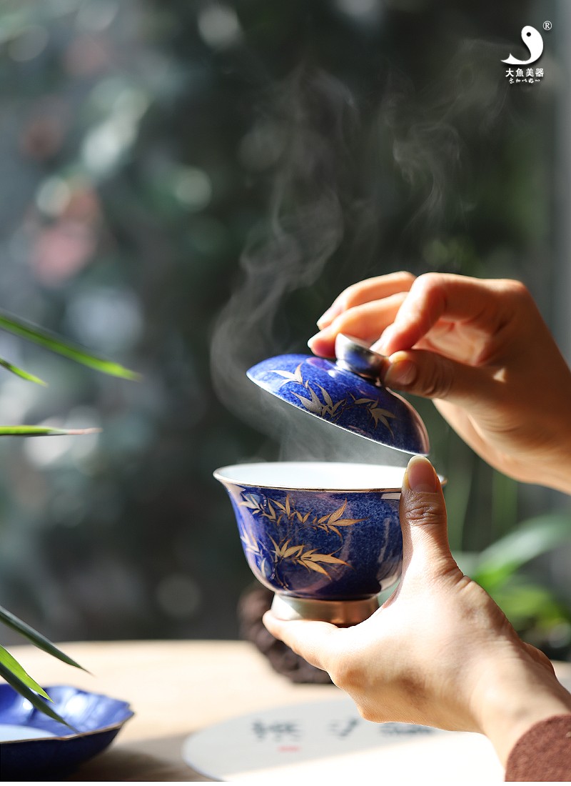 大鱼美器 洒蓝银彩竹纹盖碗 纯手工手绘三才泡碗景德镇陶瓷泡茶碗