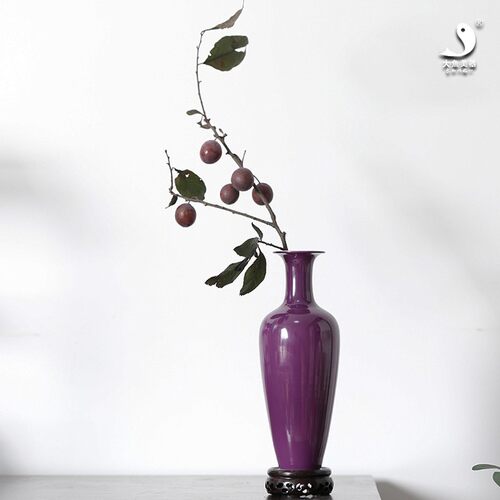 大鱼美器 陶瓷柳叶瓶 茶道花瓶胭脂红茄皮紫纯手工插花器餐桌瓶花 - 封面