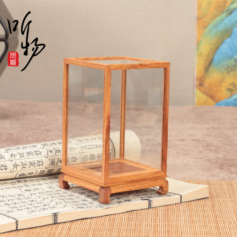 小叶紫檀黄花梨手工玻璃罩玉器茶壶橄榄核雕玉器古玩展示木防尘罩