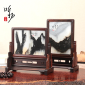 实木老挝大红酸枝大理石山水台屏大叶紫檀木屏风玄关装 饰中堂摆件