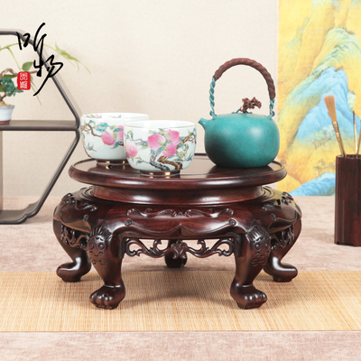 花梨木圆形托式盆景香炉茶壶摆件