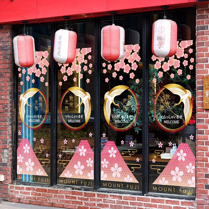 樱花日式仙鹤餐厅酒店橱窗装饰无胶静电贴画富士山仕女玻璃门布置图片