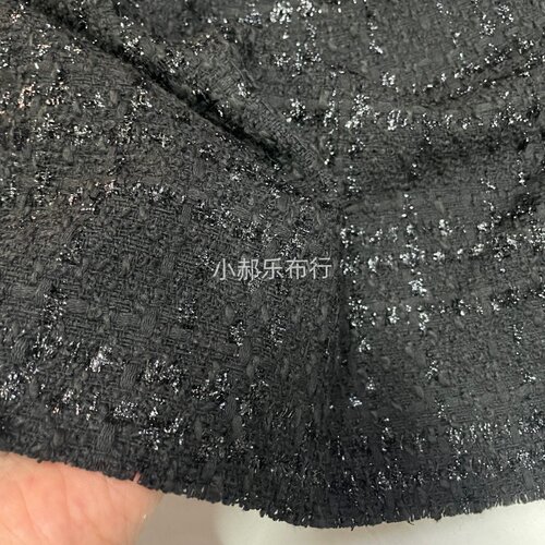 黑色格纹亮丝粗花呢布料春秋编织小香风面料西装裙子套装粗纺热卖