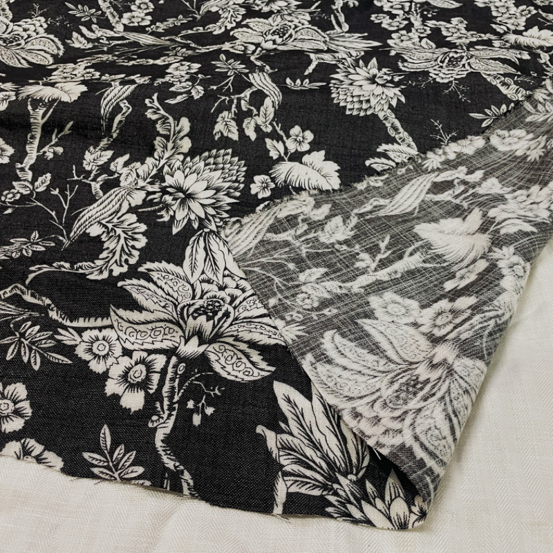 新中式黑白大花竹节麻提花布料春夏秋连衣裙小西装设计师搭配面料