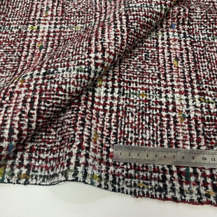 红白彩点羊毛加厚格子布料毛呢大衣套装半身裙手工设计师服装面料