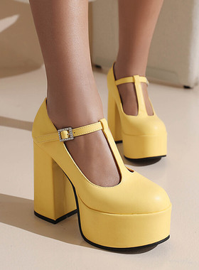 欧美白色黄色丁字鞋圆头粗跟超高跟单鞋女防水台大码小码女鞋 CHD