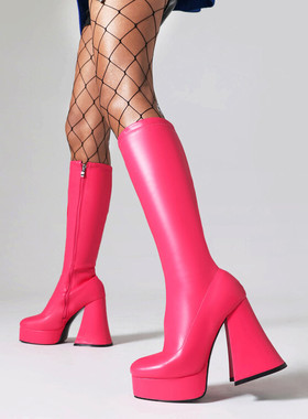 皮靴橘色玫红色粉红色靴子桔色粗跟高跟高筒靴女欧美外贸大码 MTH