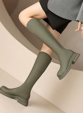 皮靴圆头中跟高筒女军绿色靴子春秋单靴学院长靴长筒大码女靴 HX