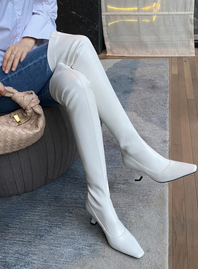 皮靴方头细跟高跟过膝长靴白色靴子长筒女瘦瘦靴牛皮真皮女靴 FKO