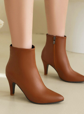 小皮靴白色红色棕色靴子婚鞋细跟短靴高跟女靴秋冬短筒大码鞋 JYX
