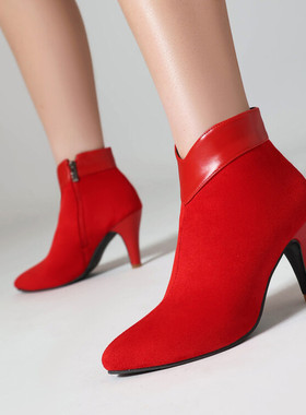 棕色红色靴子细跟短靴女高跟尖头秋冬女靴法式裸靴瘦瘦靴大码 JYX