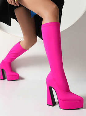 尖头高跟高筒靴女弹力瘦瘦靴宝蓝色红色紫色玫红色靴子大码靴 CH