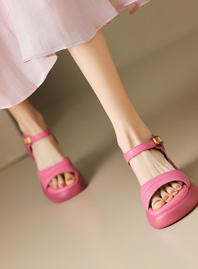 夏季米白色黄色玫红色凉鞋女厚底高跟轻便学院扣带全皮真皮鞋 168