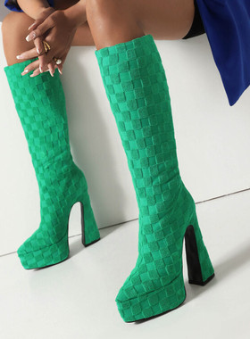 尖头桔色绿色靴子高跟高筒靴女橘色欧美性感防水台长靴大码靴 CH