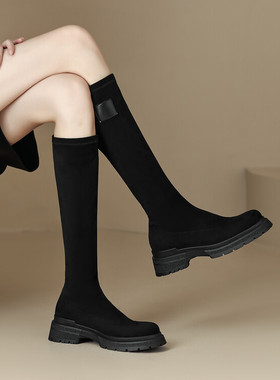 皮靴圆头中跟平底高筒靴女灰色靴子弹力瘦瘦靴骑士靴大码女靴 KTH