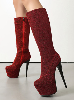 性感防水台恨天高高筒女蓝色银色酒红色绿色靴子舞台表演大码JYX