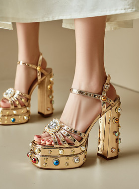 欧美外贸性感风绿色金色水钻珍珠粗跟凉鞋女防水台铆钉超高跟鞋MK