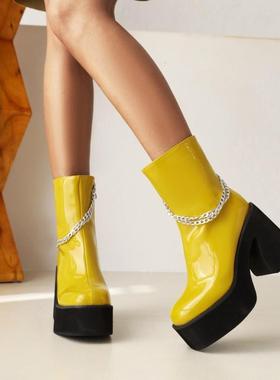 欧美漆皮亮皮粗跟高跟中筒女厚底马丁靴黄色紫色靴子大码女靴 HTM