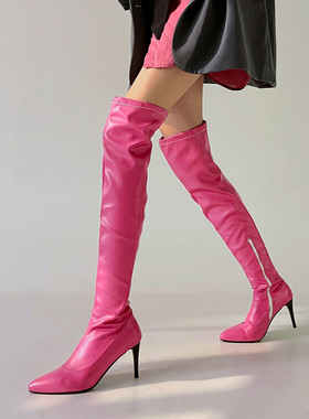 尖头瘦瘦靴细跟高跟过膝长靴银色玫红色靴子长筒表演大码靴 PCSA