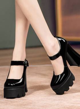 防水台增高鞋圆头粗跟高跟浅口单鞋女灰色漆皮亮片全皮真皮鞋RQJ