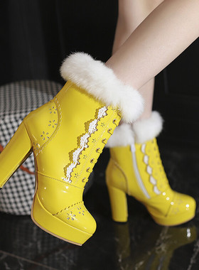 漆皮短靴高跟短筒女秋冬欧美红色绿色紫色蓝色黄色靴子大码鞋 SSJ