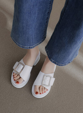 白色拖鞋女2023年新款沙滩夏季松糕厚底中跟外穿全皮真皮凉拖 XZJ