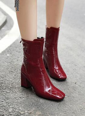 缺码断码鞋红色短筒女秋冬女靴方头粗跟高跟短靴大码靴子 47码 XJ