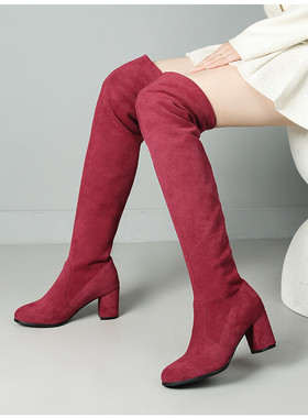 春秋冬豹纹红色靴子粗跟高跟过膝长靴长筒女绒面高筒大码女靴 AMY