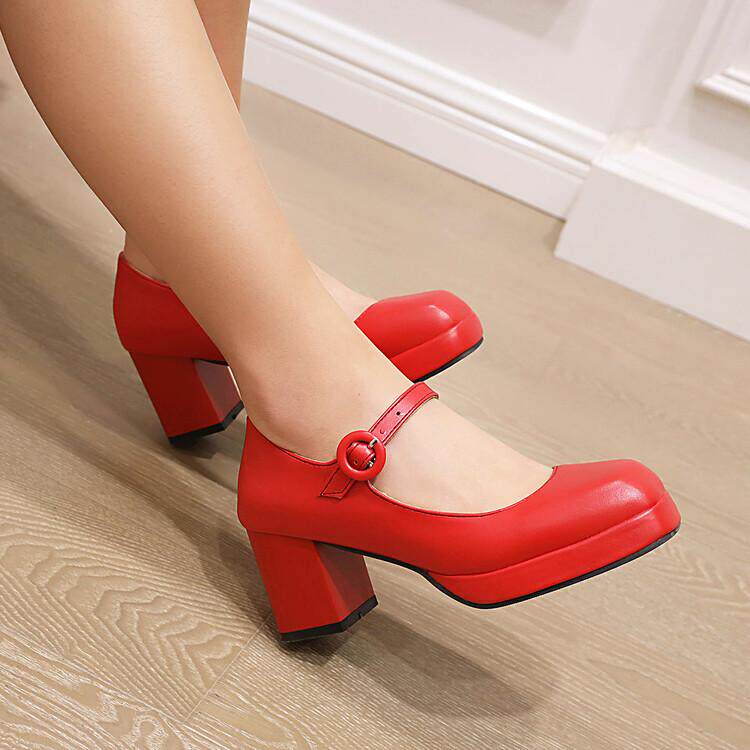 春秋单鞋女粗跟高跟扣带米色白色桔色红色婚鞋新娘大码小码鞋 DB