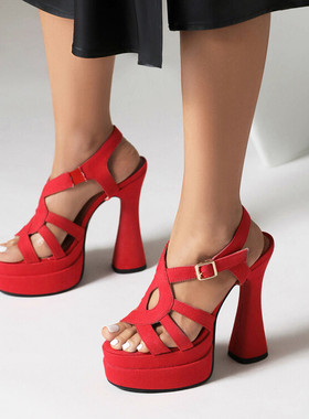 牛仔蓝色红色黄色超高跟凉鞋女欧美外贸模特走秀防水台大码鞋 ZXG