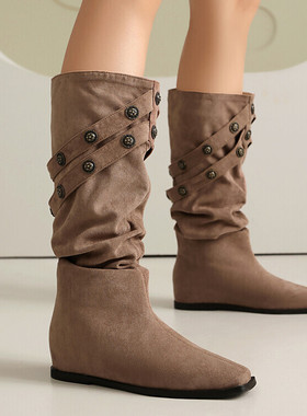 秋冬学院牛仔布磨砂绒面高筒靴女堆堆靴驼色蓝色靴子大码女靴ZXG