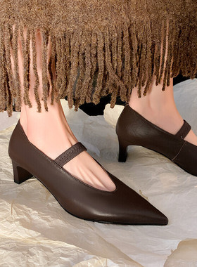 棕色红色工作鞋尖头粗跟高跟2024年春季浅口单鞋女真皮玛丽珍鞋FA