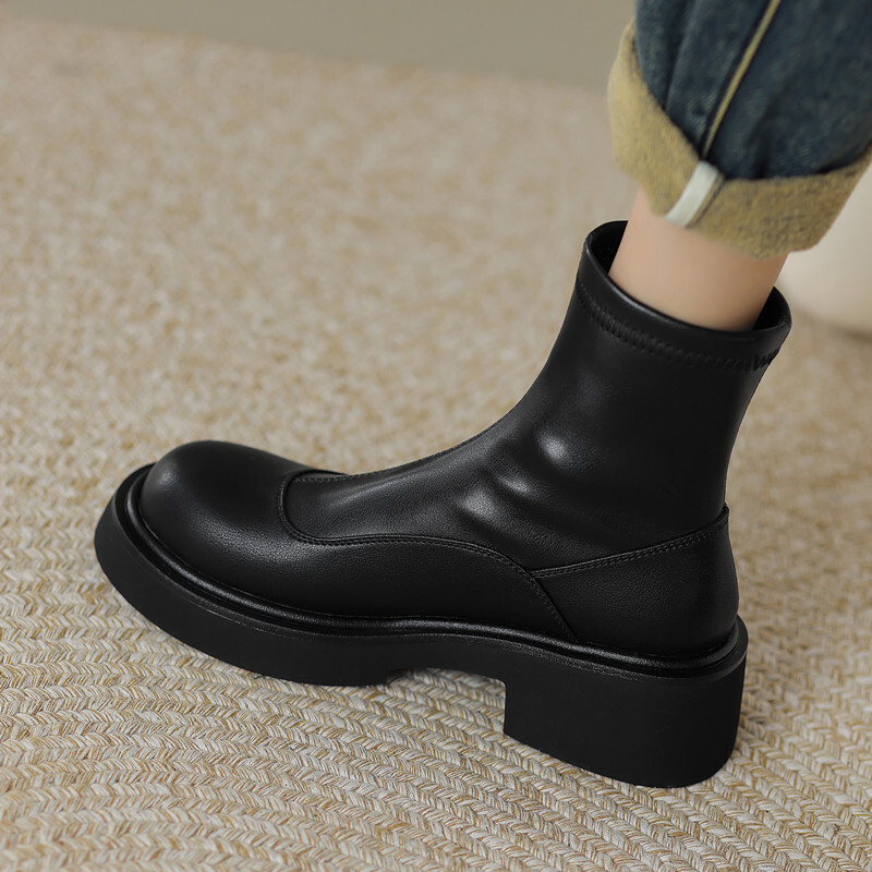 新款女鞋圆头松糕底EVA发泡胶2023年秋冬季皮靴真皮靴子女AMN