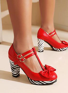 漆皮亮皮蝴蝶结粗跟高跟单鞋女红色白色紫色粉色黄色大码小码 MSZ