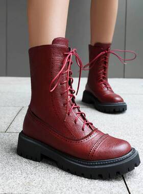 平底皮靴系带马丁靴短靴女棕色酒红色蓝色靴子学生靴大码女靴FWSX