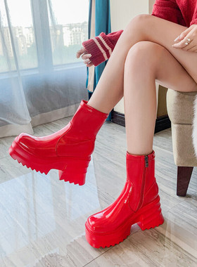 漆皮亮皮白色红色靴子增高鞋厚底短靴女粗跟高跟马丁靴大码女靴NA