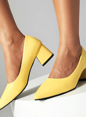 职业春秋皮鞋工作鞋白色粗跟鞋女黄色红色粉红色蓝色大码小码 XH