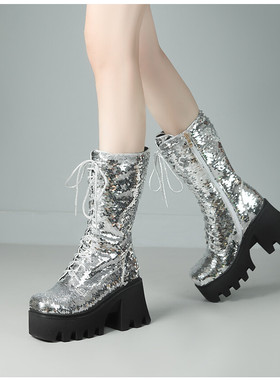 银色绿色欧美马丁靴女粗跟厚底靴子增高鞋亮片高跟中筒靴大码 YMA