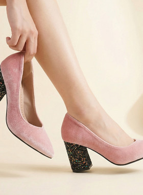 丝绒粉红色墨绿色酒红色单鞋女优雅尖头粗跟春秋高跟职业大码鞋KB