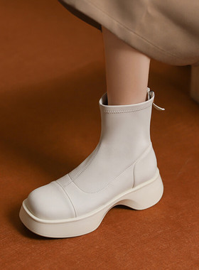 米白色军绿色靴子厚底马丁靴春秋单靴中跟短靴女弹力瘦靴皮靴 DLF