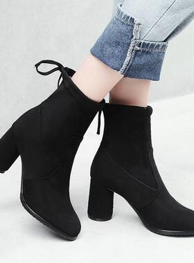 缺码处理  清仓 绒面弹力女靴蓝色靴子弹力高跟短靴蓝色女靴  QJ