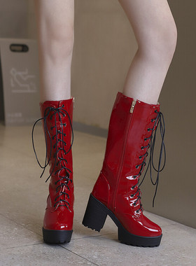 系带马丁靴漆皮粗跟高跟高筒女红色浅蓝色白色粉红色靴子大码 MSZ