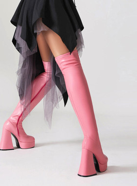 桔色粉红色橘色玫红色靴子高跟过膝长靴女弹力瘦瘦靴大码皮靴 HTM