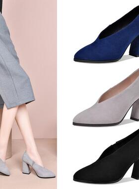 鞋女春秋磨砂灰色写蓝色女鞋粗跟高跟单鞋真皮女鞋大码鞋小码 EXM