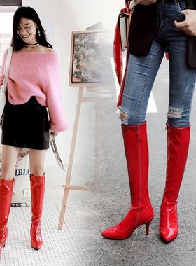 靴女漆皮白色红色靴子钢管舞靴尖头鞋高跟大码靴子小码女靴 PCSA