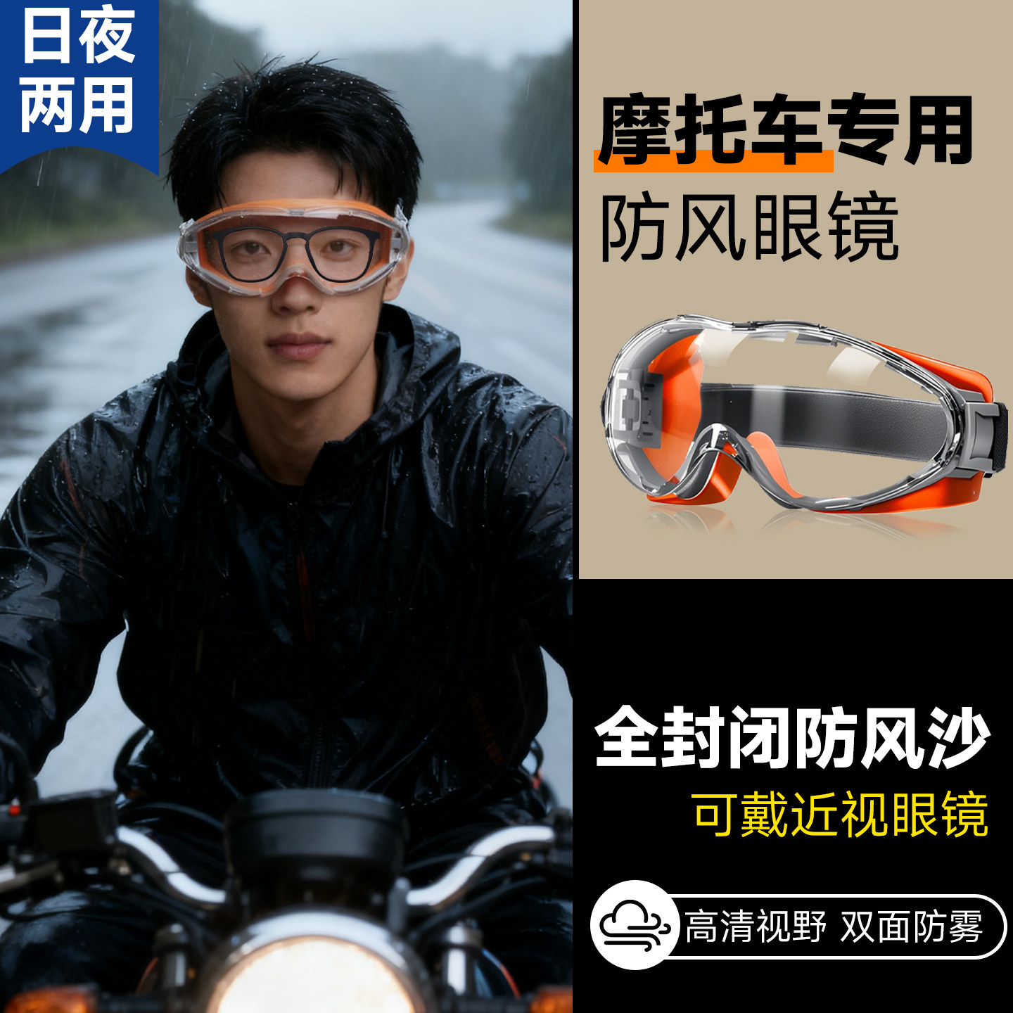 摩托车专用防风护目镜可戴眼镜男式防雨近视日夜两用骑行电动车瓶