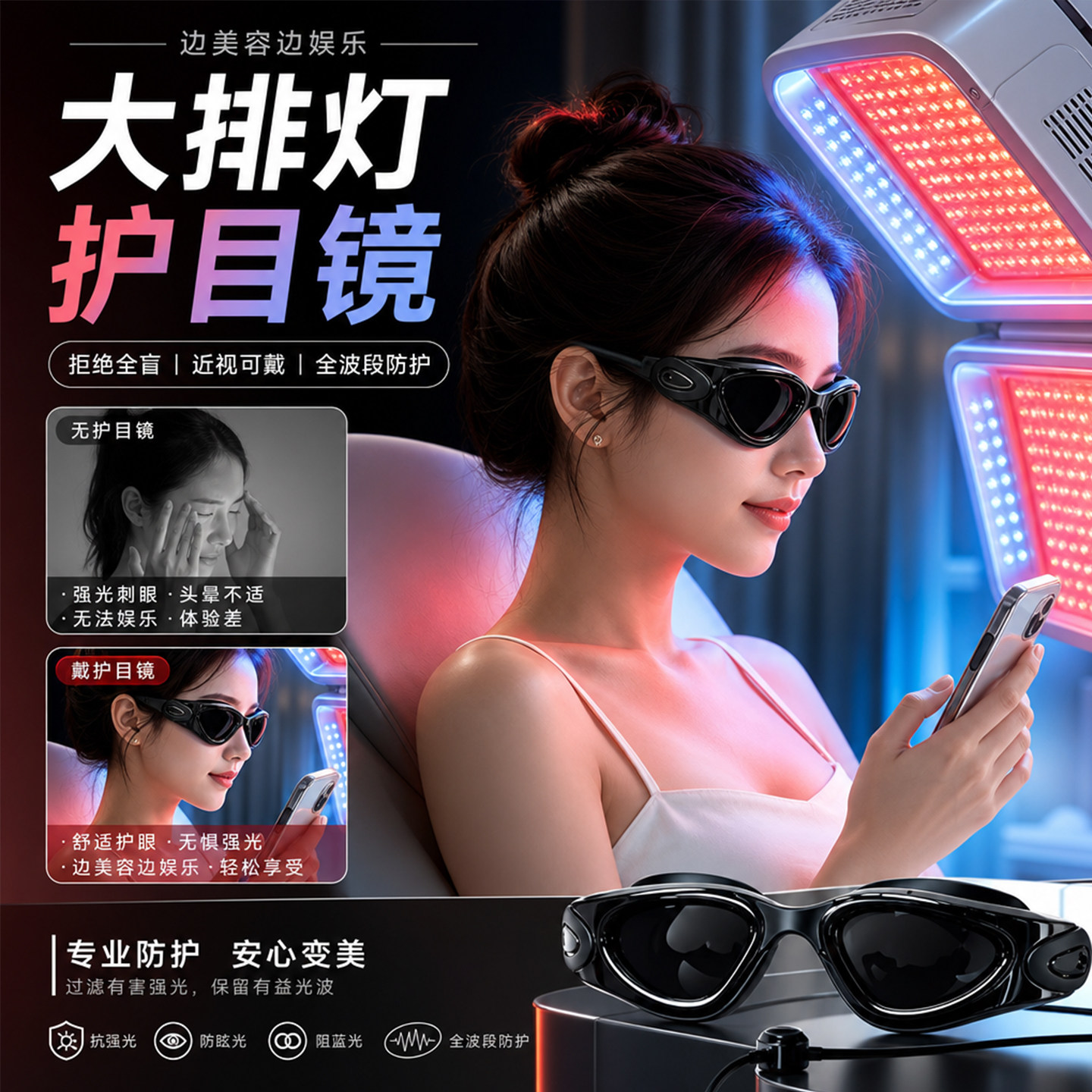大排灯护目镜脱毛仪专用防强光墨镜激光防护可看手机不挡视野照灯 - 实物图