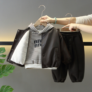 酷帅儿童加绒加厚皮衣外套宝宝冬装 2025新款 三件套潮 套装 男童冬季